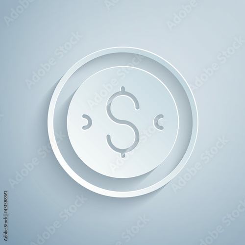 Paper cut Coin money with dollar symbol icon isolated on grey background. Banking currency sign. Cash symbol. Paper art style. Vector