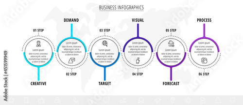 Line vector minimal infographic with six circles. Modern timeline business concept with 6 steps by step for diagram, chart, flowchart, levels, graphic, app, web