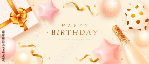 Happy birthday horizontal banner with realistic bottle of champagne, helium balloons and gift box. 3d realistic style. Vector illustration