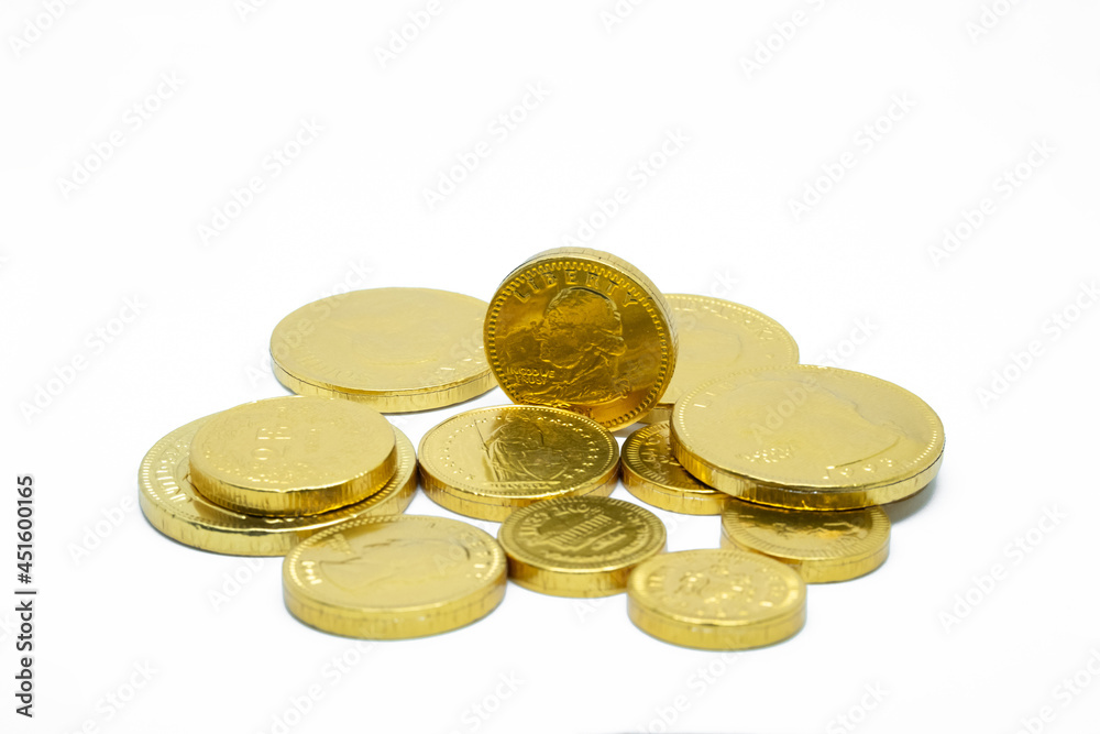 Golden coins chocolate isolated on white background. Golden coins chocolate isolated on white background.