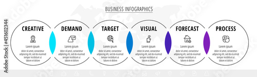 Line vector minimal infographic with six circles. Modern timeline business concept with 6 steps by step for diagram, chart, flowchart, levels, graphic, app, web