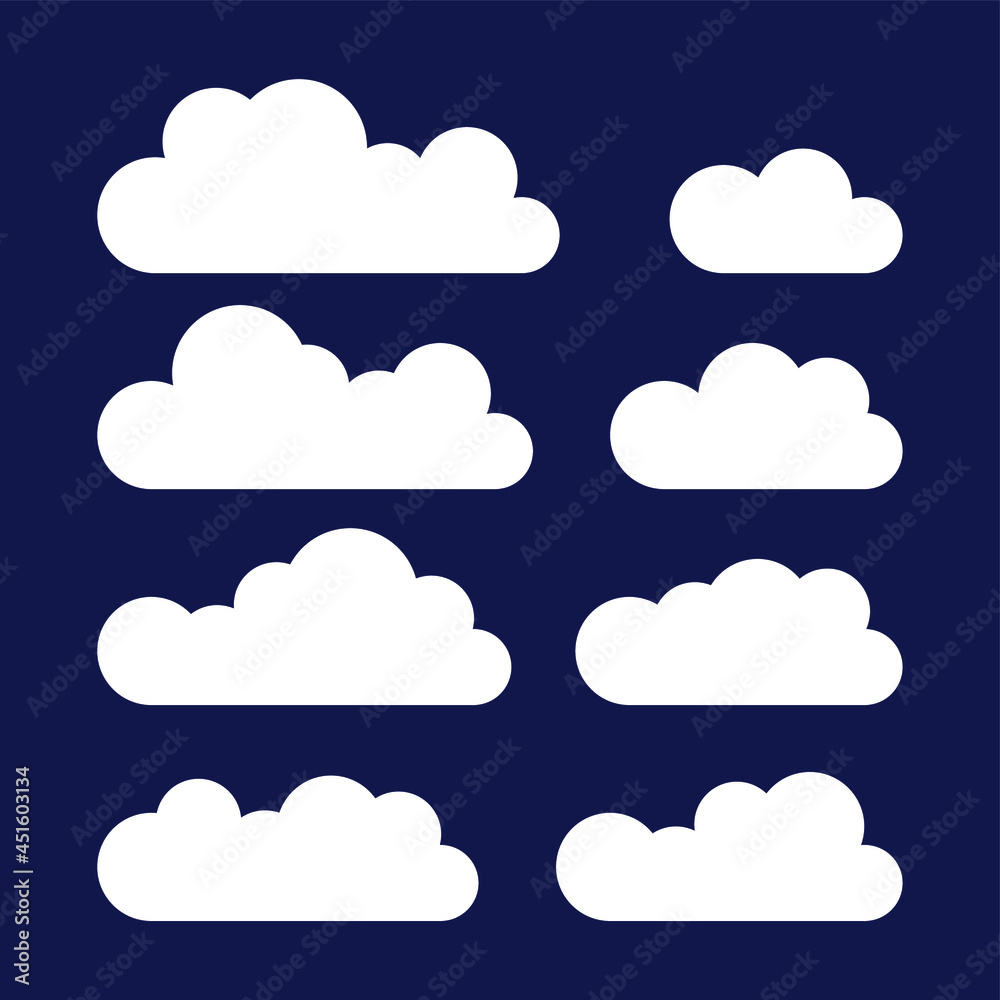 Cloud icons set. White flat clouds on dark background. Vector illustration. Cloud icons set. White flat clouds on dark background. Vector illustration.