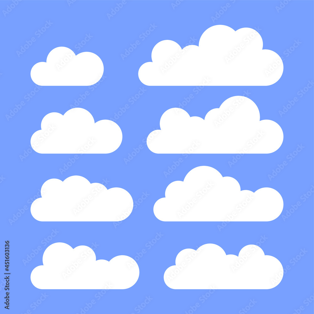 Cloud icons set. White flat clouds on blue background. Vector illustration.