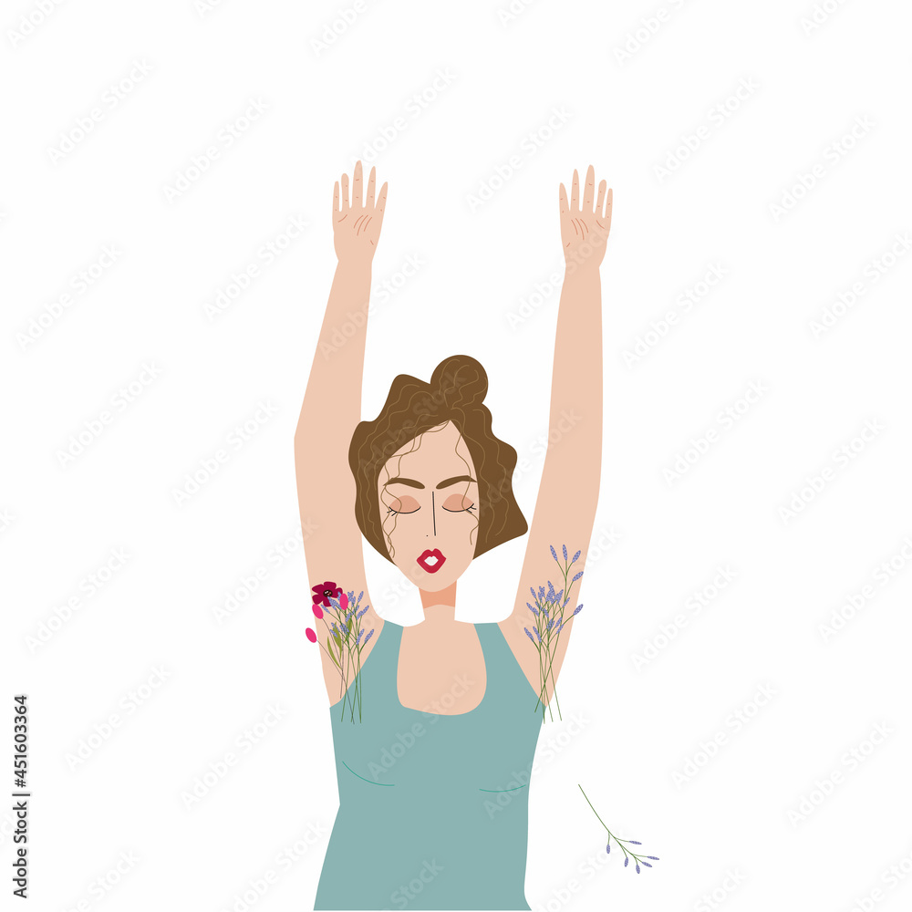 Vector illustration of a woman who shows that nature created us natural and we do not need to be ashamed of our body. Self-love, feminism and naturalness movement Vector illustration of a woman who shows that nature created us natural and we do not need to be ashamed of our body. Self-love, feminism and naturalness movement