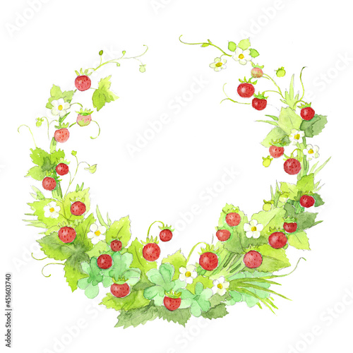Beautiful elegant fresh watercolor wild strawberry wreath frame