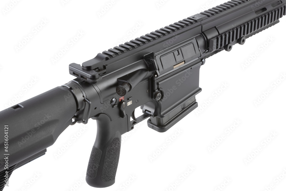 an image of the top of a hyper rifle. modern automatic carbine. isolate on a white background, close-up.