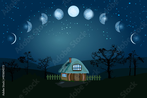 Cartoon moon phases.Whole cycle from new moon to full. Lunar cycle change.New, waxing, quarter, crescent, half, full, waning, eclipse.Space of cosmos.Night sky and landscape with home and trees.Vector