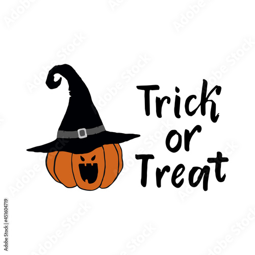 Halloween greeting card with hand drawn pumpkin in hat. Vector illustration.Design elements for Halloween event. Trick or treat lettering.