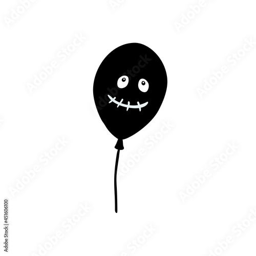 Hand drawn black ballon with scary face on white background. Design element for holiday decor.