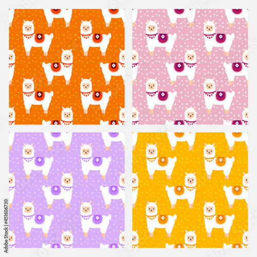 Set of 4 seamless patterns with cute alpacas. Cute and childish design for fabric, textile, wallpaper, bedding, swaddles or gender-neutral apparel.