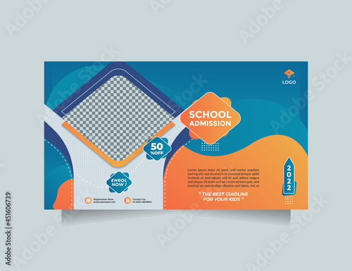 Landscape Social Media Banner Template For Creative Concept School Education Admission. Modern Blue Orange Design Vector With A Image Placeholder. Editable Post Template Social Media Banners Promotion