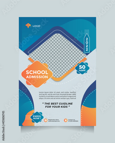 Creative Flyer And Brochure School Education Admission Design Template. Blue Orange Design Vector With A Image Placeholder. Editable Template Banner Promotion With A4 Format Size
