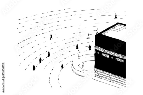 Vector Kaaba in Mecca Saudi Arabia, Vector Simple manual hand draw sketch, during pandemic covid-19 isolated on white photo