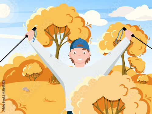 Boy does nordic walking with sticks in autumn forest with scenic landscape, jogging concept. Autumn travel poster or sticker design. Vector illustration in flat style
