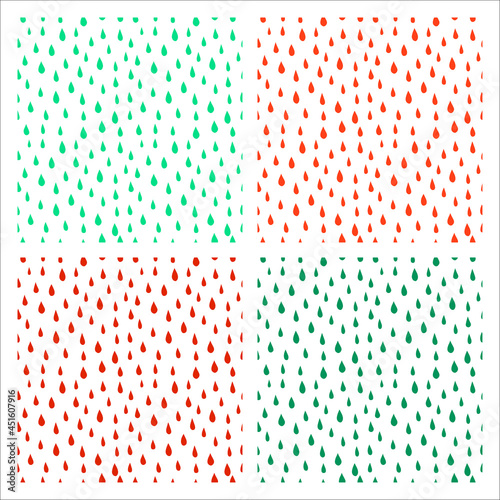 Set of 4 white seamless patterns with green and orange rain drops