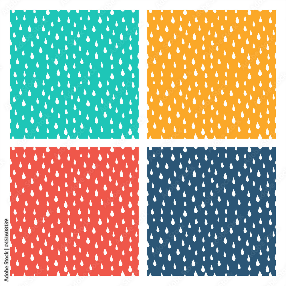 Set of 4 colorful seamless patterns with white rain drops Set of 4 colorful seamless patterns with white rain drops