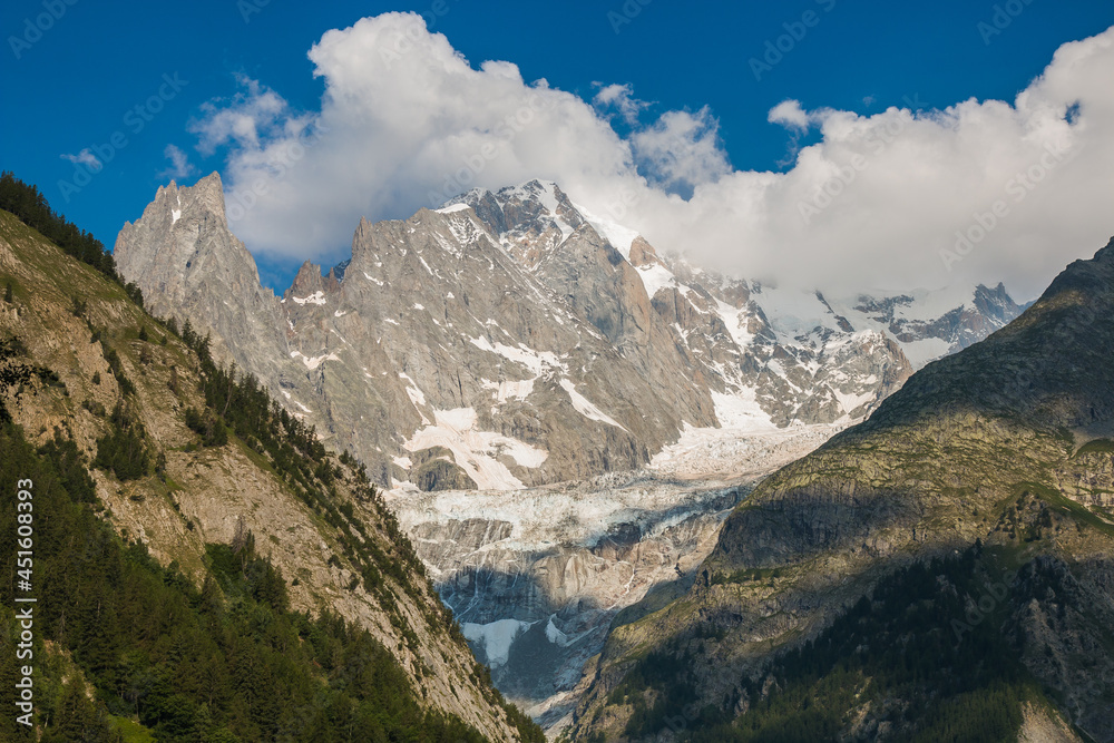 The big massif of Monte Bianco view from Courmayeur in Valle d'Aosta, Italy