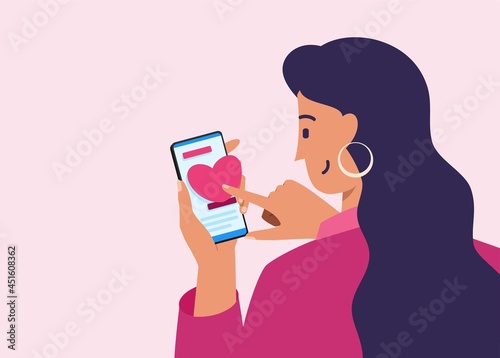 Young Woman Donate via Mobile Phone Apps or Web Flat Illustration
