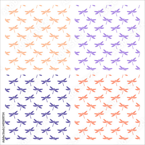 Set of 4 seamless patterns with colorful dragonflies