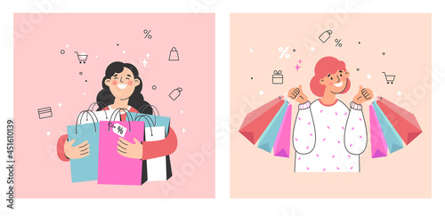 Happy woman enjoying shopping, she holding shopping bags. Flat vector illustration.