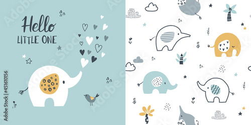 Сhildish pattern with little elephant, baby shower greeting card. Animal seamless background, cute vector texture for kids bedding, fabric, wallpaper, wrapping paper, textile, t-shirt print