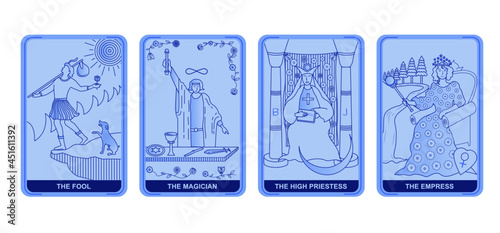 Major arcana deck, set of 4 cards. The fool, The Magician, The High Priestess, The Empress photo