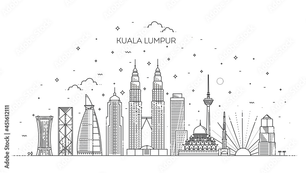 Historic buildings from the streets of Kuala Lumpur, outline.