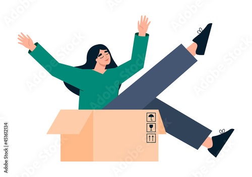 Relocation concept. Happy young woman moving into a house, apartment. Smiling girl packing or unpacking cardboard boxes. Relocating to a new home. Isolated flat vector illustration on white background