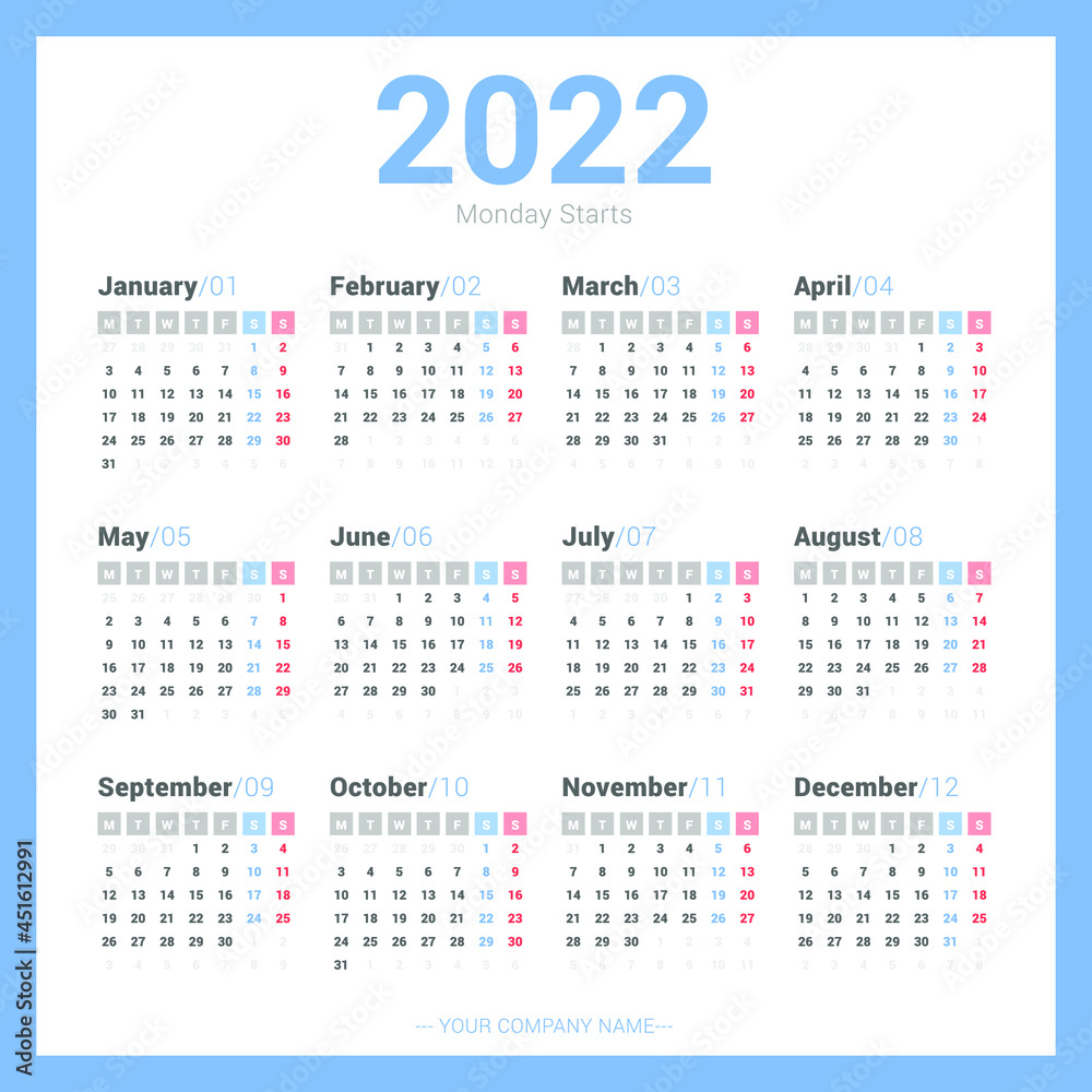 Calendar 2022 Simple Style. Week starts on Monday. Basic, Clear, and useful calendar. Calendar 2022 Simple Style. Week starts on Monday. Basic, Clear, and useful calendar.