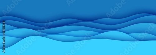 Wavy border in paper cut style. 3d abstract background with cut out deep waves modern cover. Blue color layers with smooth shadow papercut art. Vector card illustration origami environment template.