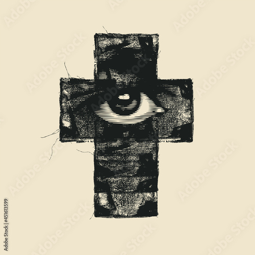 Abstract square banner with a human eye on a black religious cross. Black and white vector illustration on the religious theme in grunge style on an old paper background