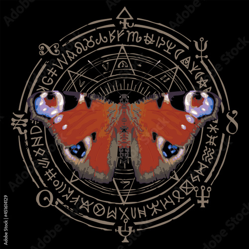 Vector illustration with a peacock eye butterfly and magic symbols written in a circle on a black background. Abstract banner with bright beautiful butterfly and sacral, witchcraft, occult signs