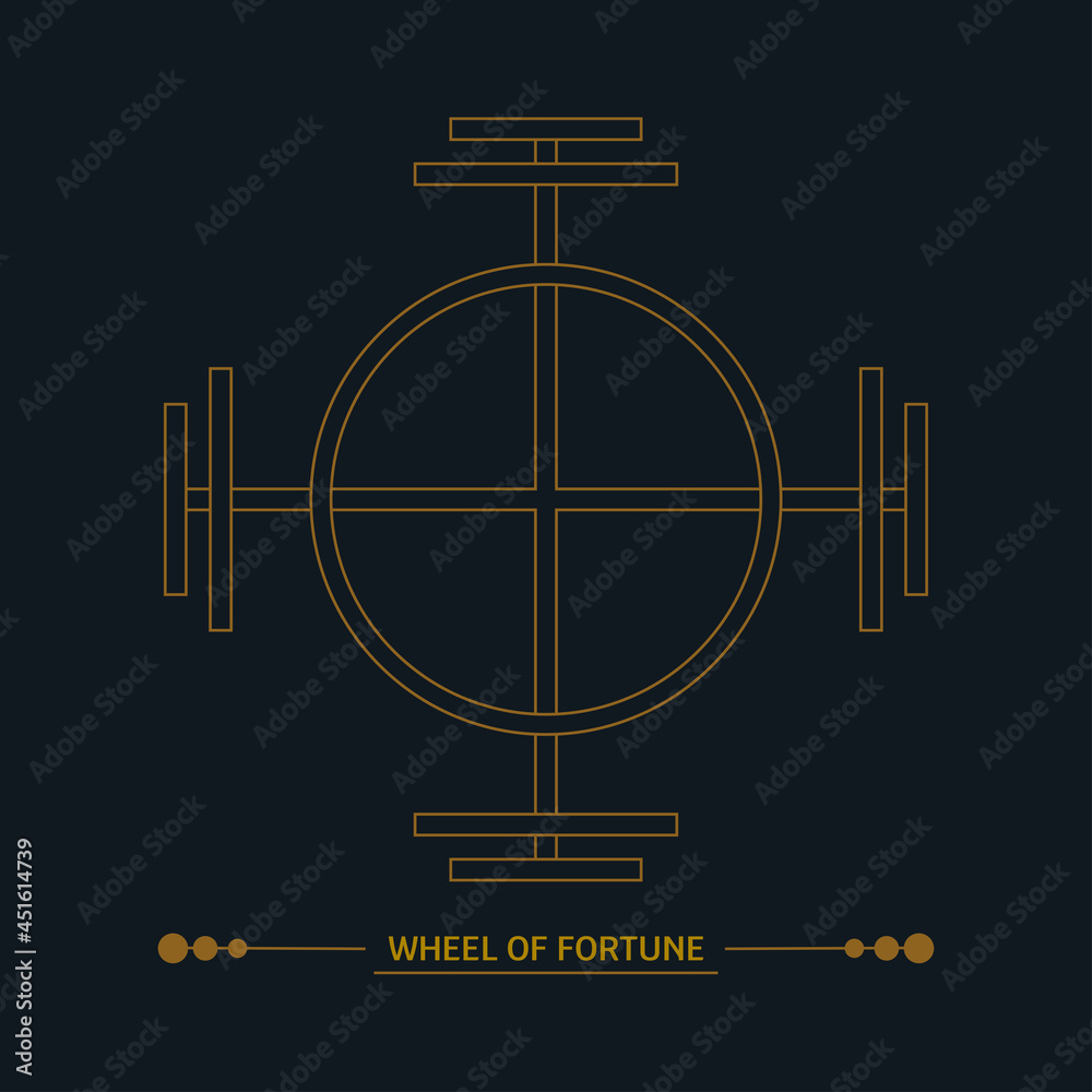 Wheel of Fortune sign. Norse Viking symbol. Lucky Charm. Line art, art deco color. Esoteric, sacred geometry, witchcraft. Vector golden illustration isolated on black background Wheel of Fortune sign. Norse Viking symbol. Lucky Charm. Line art, art deco color. Esoteric, sacred geometry, witchcraft. Vector golden illustration isolated on black background