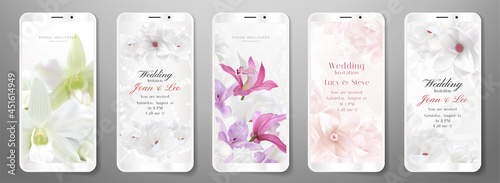 Phone wallpaper, invitation (Smartphone flower background). Digital graphic art design with floral pattern. Abstract vector backdrop for wedding invite online shop, web banner template, e-invite