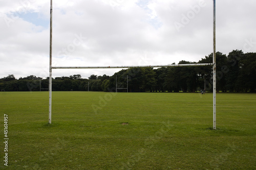 Gaelic football goal posts in the empty football field in the park, Raheny, Dublin, Ireland