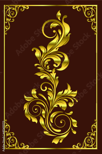 Beautiful vantage golden floral element. Vector illustration on brown background.