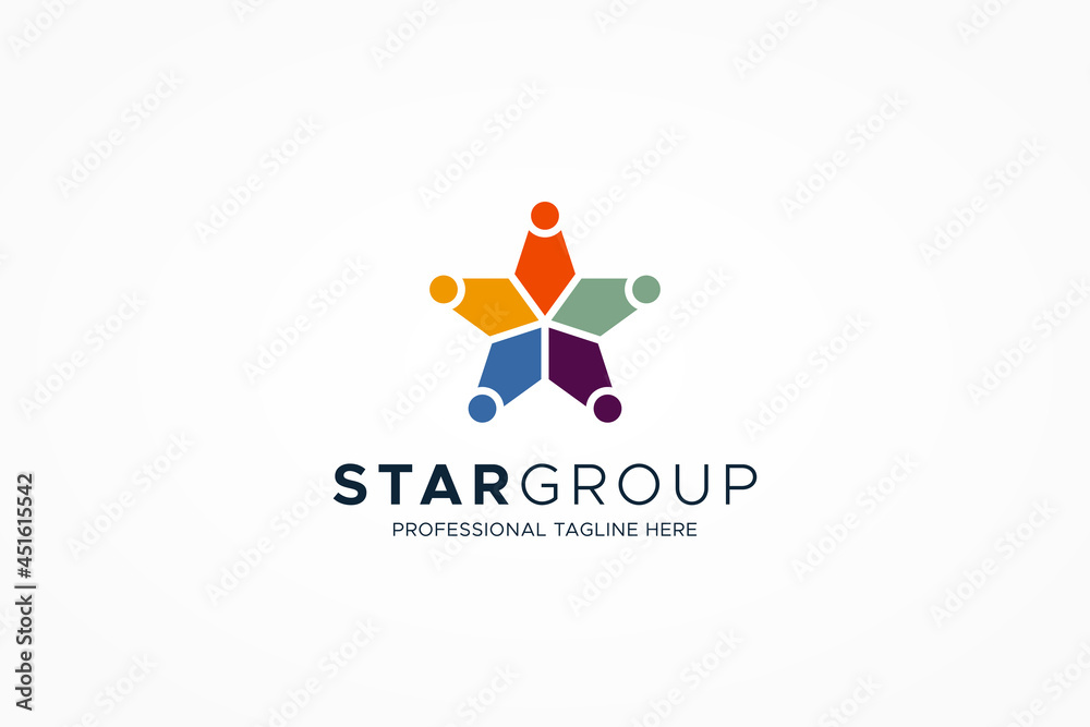 Abstract Connecting People Logo. Colorful Five Star with Human Symbol Combination isolated on White Background. Flat Vector Logo Design Template Element.