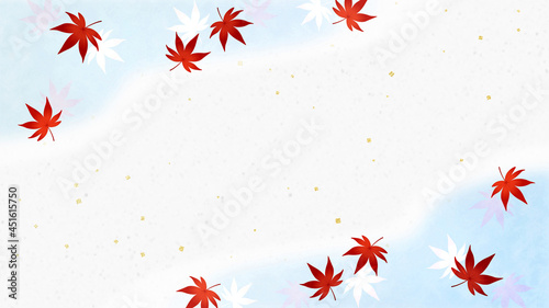 紅葉と雲海 金箔入りの和紙 秋の背景素材（水色）