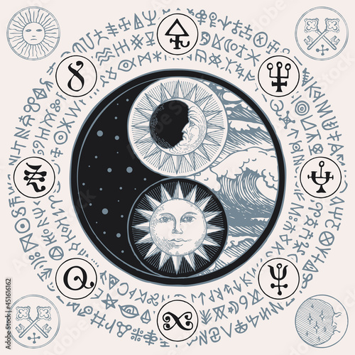 Vector yin yang symbol with sun, moon, stars, sea waves and magic signs, written in a circle. Hand-drawn sun and moon with human face. Sign of harmony, balance, feng shui, zen, yoga, day and night