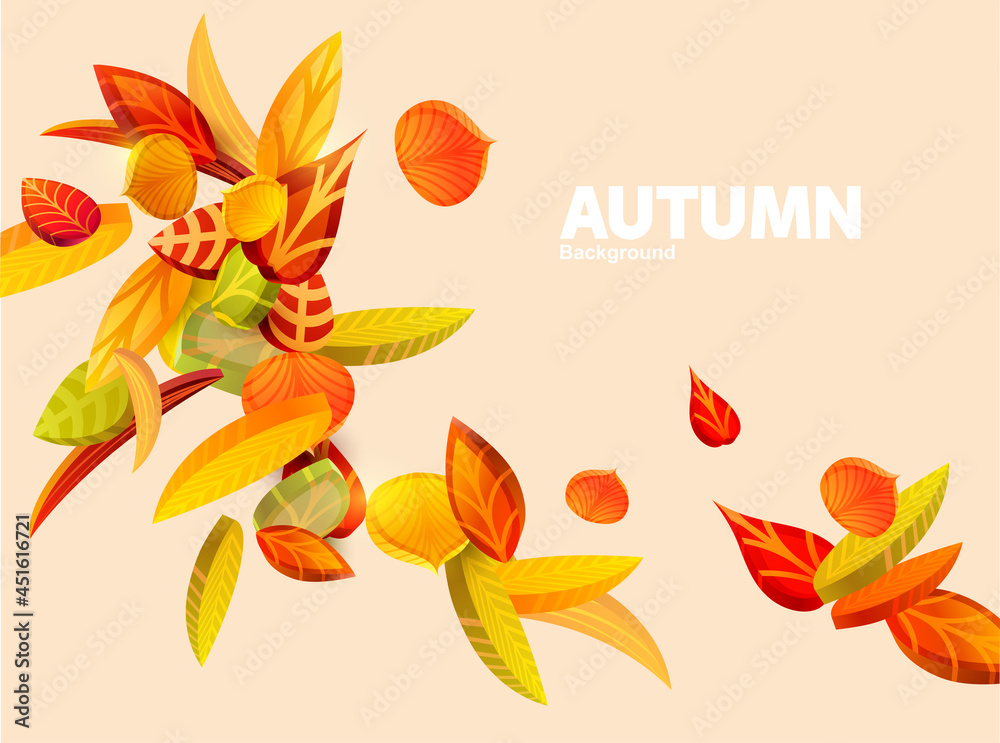 Autumn 3D leaves. Seasonal foliage background.