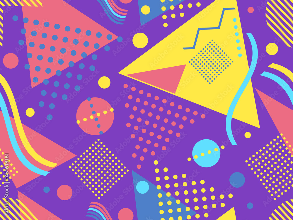 Geometric seamless pattern in 80s memphis style. Geometric shapes triangles, circles and dots. Trendy retro background for printing on paper, advertising materials and fabric. Vector illustration