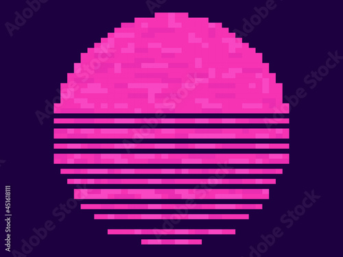Retro sunset 80s in pixel art style. 8 bit pink sun synthwave and retrowave style. Design for printing, wrapping paper and advertising. Vector illustration
