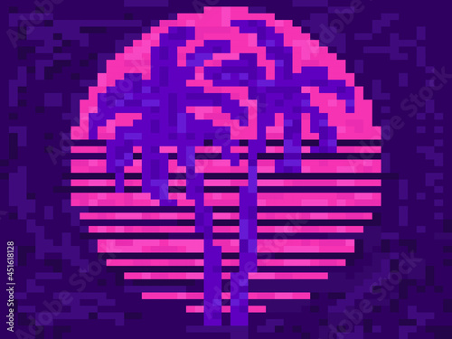 Pixel art palm trees at sunset in 80s style. 8-bit sun synthwave and retrowave. Retro 8-bit video game. Design for printing, wrapping paper and advertising. Vector illustration