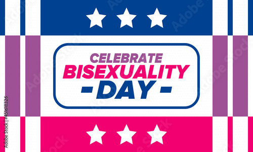 Celebrate Bisexuality Day. Bisexual Pride and Bi Visibility Day. Bisexual flag. Coming out. Celebrated annual in September 23. Festival and parade. Poster, card, banner, template, background. Vector