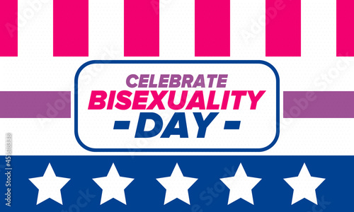 Celebrate Bisexuality Day. Bisexual Pride and Bi Visibility Day. Bisexual flag. Coming out. Celebrated annual in September 23. Festival and parade. Poster, card, banner, template, background. Vector