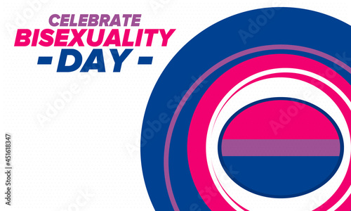 Celebrate Bisexuality Day. Bisexual Pride and Bi Visibility Day. Bisexual flag. Coming out. Celebrated annual in September 23. Festival and parade. Poster, card, banner, template, background. Vector
