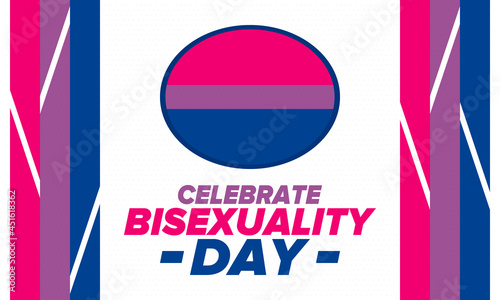 Celebrate Bisexuality Day. Bisexual Pride and Bi Visibility Day. Bisexual flag. Coming out. Celebrated annual in September 23. Festival and parade. Poster, card, banner, template, background. Vector