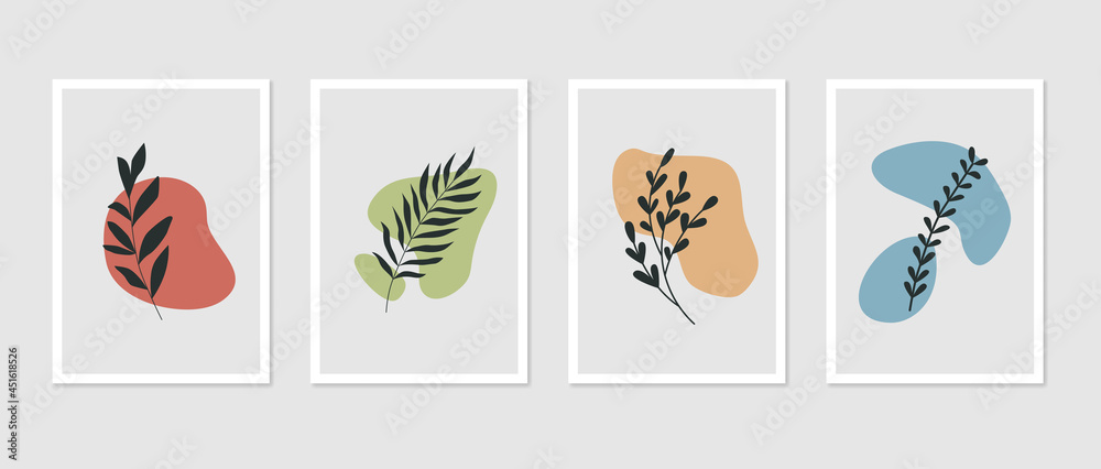 Botanical prints wall art decor. Plants, leaves, branches on color backgrounds. Minimal art design abstract backdrop
