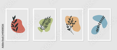 Botanical prints wall art decor. Plants, leaves, branches on color backgrounds. Minimal art design abstract backdrop © mayrum