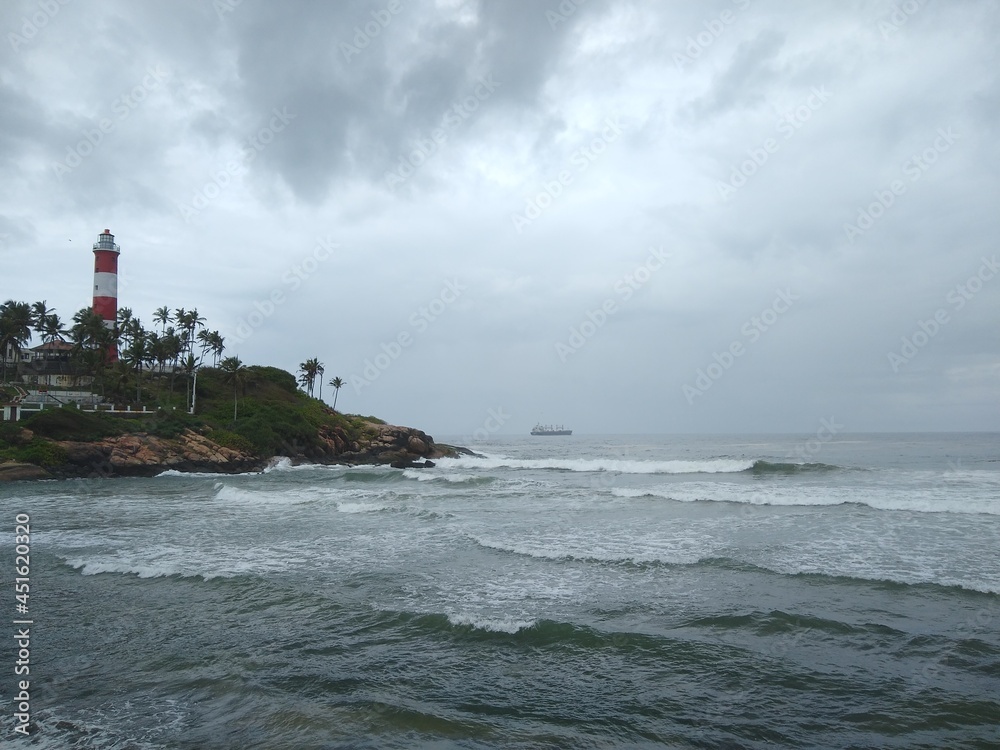 Kovalam beach and light house, Thiruvananthapuram Kerala,  seascape view